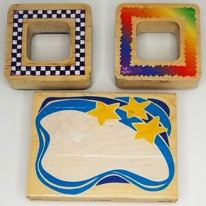 Vintage Frame/Border Wooden Rubber Stamps Lot- Stars- Checkerboard- Background
